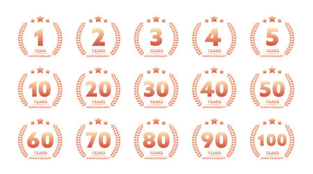 Anniversary icon set with laurel wreath. 10, 20, 30, 40 ,50, 60, 70, 80, 90, 100 years jubilee. Celebration anniversary event. Vector stock illustrationのイラスト素材