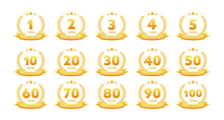Anniversary icon set with laurel wreath. 10, 20, 30, 40 ,50, 60, 70, 80, 90, 100 years jubilee. Celebration anniversary event. Vector stock illustrationのイラスト素材