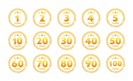 Anniversary icon set with laurel wreath. 10, 20, 30, 40 ,50, 60, 70, 80, 90, 100 years jubilee. Celebration anniversary event. Vector stock illustrationのイラスト素材