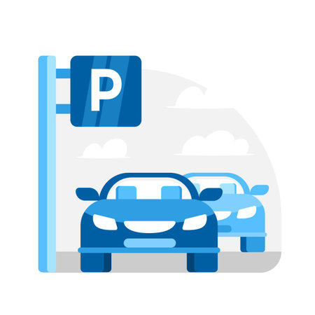 Parking lot with cars and a parking sign, ideal for urban transport and city infrastructure themesのイラスト素材