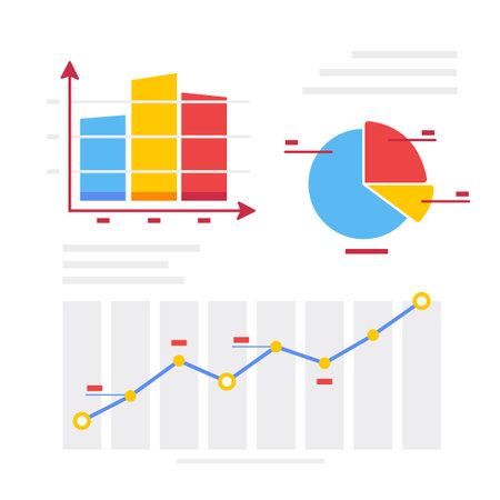 Set of colorful business data charts including bar graph, pie chart, and line graph vector illustrations for statistical presentationsのイラスト素材