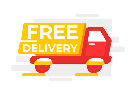 Eye-catching vector graphic of a delivery truck with a bold FREE DELIVERY sign, perfect for online shopping promotions, e-commerce websites, and marketing materialsのイラスト素材