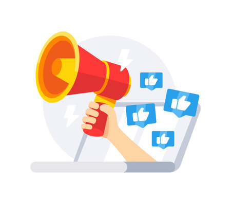 Depicting a hand holding a megaphone emerging from a laptop screen, surrounded by likes, symbolizing online marketing, social media influence, and digital promotionsのイラスト素材