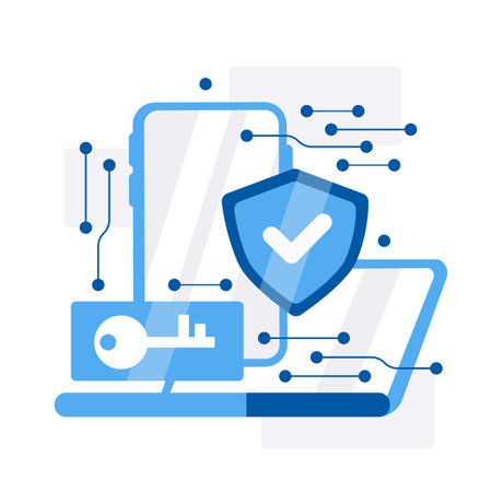 Sleek vector illustration of cyber security concept with shield, key, and digital elements, representing data protection and network defense in a digital ageのイラスト素材