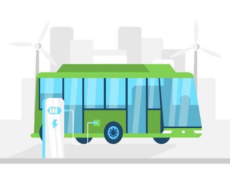 Electric bus at a charging station with wind turbines in the background, representing sustainable public transportationのイラスト素材
