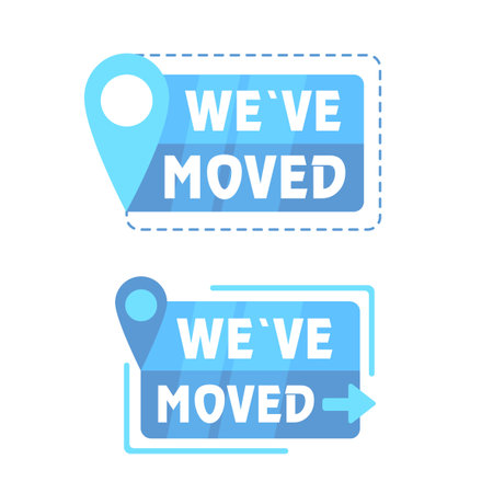 We have Moved announcement tags with location pin icons in a modern flat design style, suitable for business relocation noticesのイラスト素材