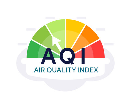Colorful Air Quality Index AQI gauge vector illustration - modern, clean design depicting air pollution measurement and environmental health indicatorのイラスト素材