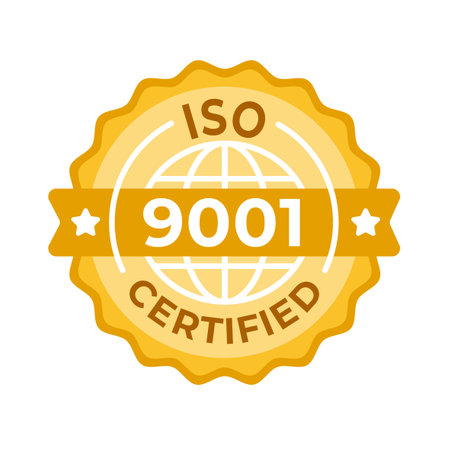 Vector badge of ISO 9001 certification seal, representing quality management and international standards in businessのイラスト素材