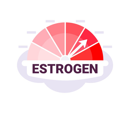 Gauge graphic indicating estrogen level with arrow at peak in red zone on a cloudy backdropのイラスト素材