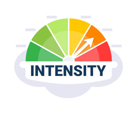 Dynamic Intensity Level Indicator Dial Vector Illustration with Multicolored Measurement Zonesのイラスト素材