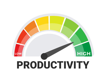 Productivity Meter Vector Illustration with Low to High Scale, Efficiency and Work Performance Conceptのイラスト素材