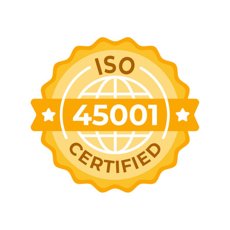 ISO 45001 Certified Badge. A vibrant, golden seal of approval showcasing global standards for occupational health and safety management systemsのイラスト素材