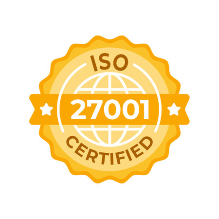 ISO 27001 Certified Seal Illustration - An elegant gold and white badge representing the international standard for information security management systemsのイラスト素材