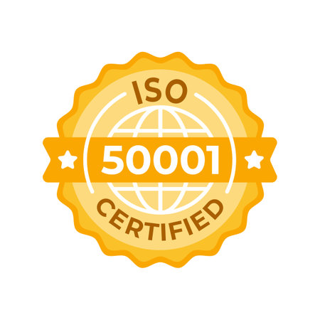 Golden seal vector illustration representing ISO 50001 Certified energy management system standards, for organizational efficiency and sustainabilityのイラスト素材