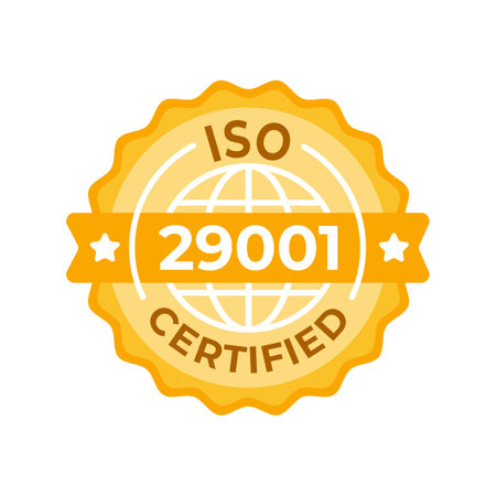 ISO 29001 Certified Stamp Design - A premium gold and white emblem for quality management systems in the petroleum, petrochemical, and natural gas industriesのイラスト素材