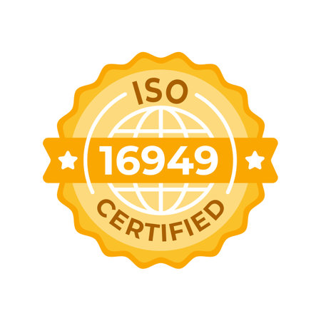 Vector emblem for ISO 16949 Certified quality management in the automotive sector, featuring a golden seal and global recognitionのイラスト素材