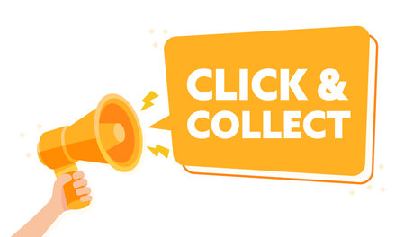 Hand Held Orange Megaphone Announcing Click Collect Service Vector Illustrationのイラスト素材