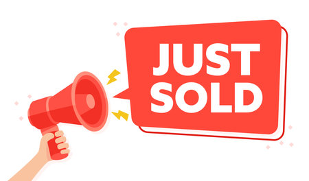 Vibrant Red Megaphone Announcement Sign Proclaiming Just Sold to Notify of a Completed Saleのイラスト素材
