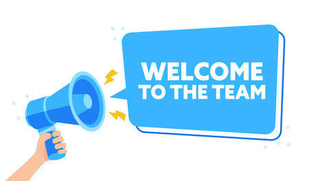 Cheerful Blue Welcome Message Illustration with WELCOME TO THE TEAM and Megaphoneのイラスト素材