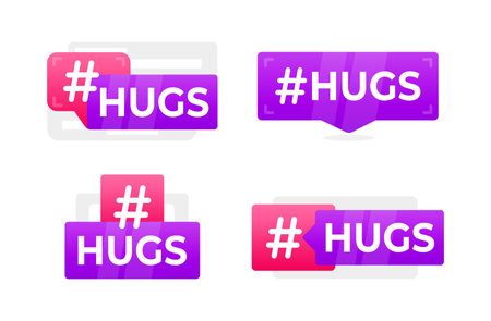 HUGS Hashtag Speech Bubble Icons - A set of playful and vibrant speech bubbles with the HUGS hashtag, perfect for social media and positive messaging graphicsのイラスト素材