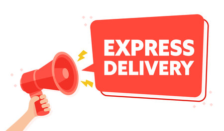 Fast Shipping Concept with a Hand Holding a Megaphone Announcing Express Deliveryのイラスト素材