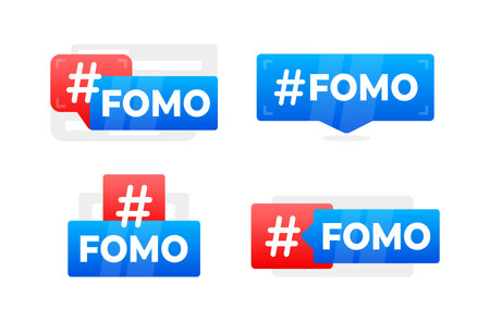 FOMO Hashtag Bubbles in Flat Design - A collection of modern, colorful speech bubbles with the FOMO hashtag, representing the fear of missing out in social media cultureのイラスト素材