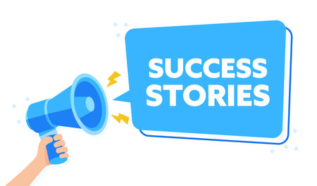 Inspirational Blue Megaphone Broadcast Illustration for SUCCESS STORIES with Hand Holding Signのイラスト素材