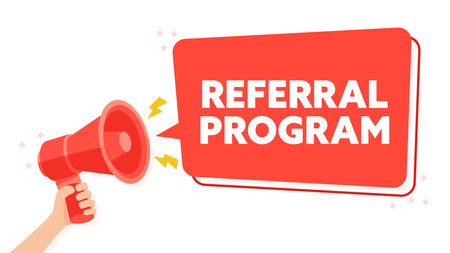 Promotional Referral Program Announcement Vector Illustration with Megaphone and Bold Textのイラスト素材