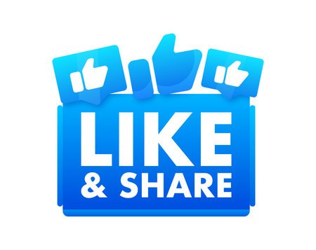 Bright blue vector graphic for social engagement with Like Share encouragement, featuring thumbs up icons for digital marketing and onlineのイラスト素材