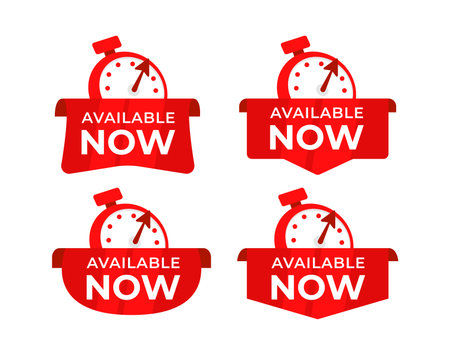 Instant Availability Alert Set of Available Now Banners with Stopwatch for Immediate Service or Releaseのイラスト素材