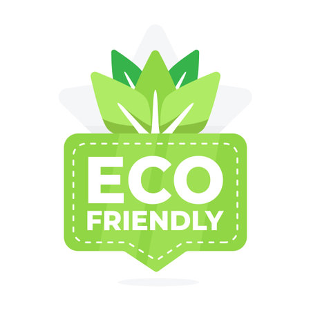 Green badge with leaf design promoting eco-friendly products and sustainable practicesのイラスト素材