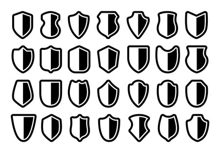 Collection shield shapes with checkmarks, representing safety, security, and verificationのイラスト素材