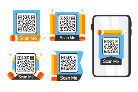 Set of QR code stickers flanked by pencils, with Scan Me text, designed for interactive engagementのイラスト素材