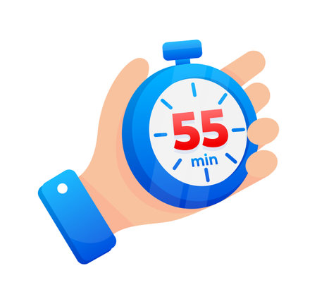 Hand firmly gripping a blue stopwatch set to 55 minutes, with a prominent red highlight on the timerのイラスト素材