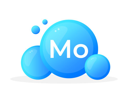 Molybdenum Mo element depiction with luminescent blue orbs for chemistry educationのイラスト素材