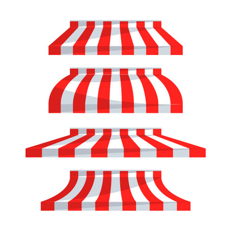 Store tent set. Shop canopy. Stripe awning. Market, Cafe sunshade. Vector illustrationのイラスト素材