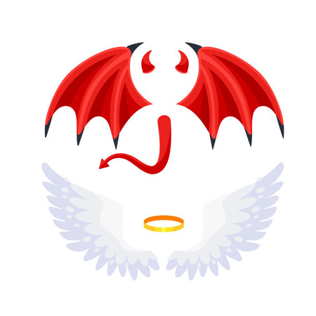 Halo and black devil wings with red daemon horns. Angel and devil. Good and bad. Vector illustrationのイラスト素材