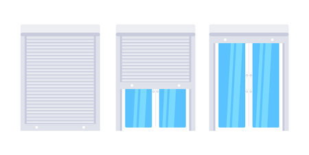 Plastic window with rolling shutter set. Glass window. Vector illustrationのイラスト素材