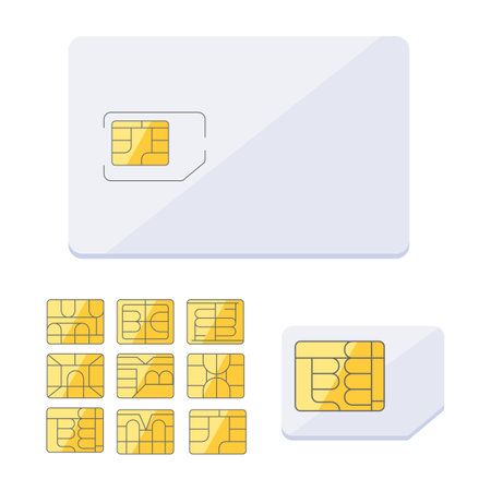 Cellular Phone Sim Card Chip Set. Smart cellular wireless communication gsm chip. Micro and nanoのイラスト素材