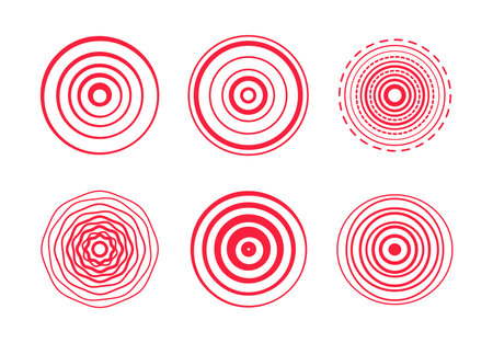 Pain red circle or localization mark. Target spot symbols for medical. Red rings. Sonar wavesのイラスト素材
