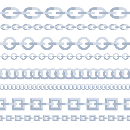 Metal chains big set. Vertical chain for fabric. Metallic link of jewelry. Chaining stringのイラスト素材