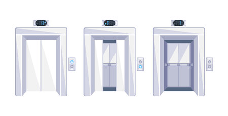 Elevator doors. Open and closed chrome metal doors and button panel closeupのイラスト素材