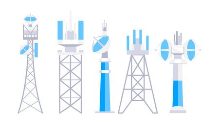 Radio, Mobile tower and antennas. Internet network. Communication towers set. Satellite antennaのイラスト素材