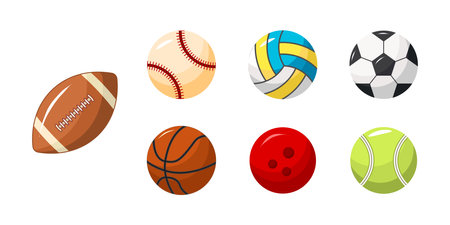 Collection of sports balls, including a football, basketball, and tennis ballのイラスト素材