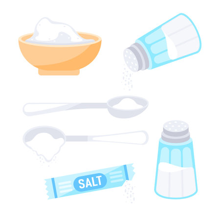 Set of salt for food. Kitchen preparing products ingredients. Spice powder in spoon and bowlのイラスト素材