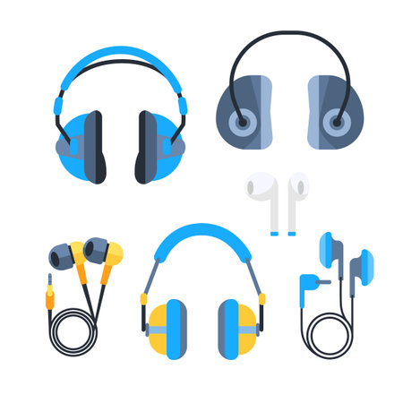 Set of Headphones. Wireless headphones accessories for music hearing. Audio Equipment for Music Listeningのイラスト素材