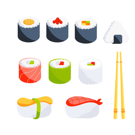 Japanese sushi rolls set. Cartoon seafood dish. Rice wrapped in nori seaweed.のイラスト素材