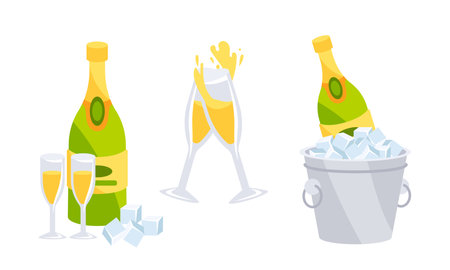 Champagne wine and glasses ice bucket collection. Champagne bottle. Alcoholic drink for celebration new year.のイラスト素材