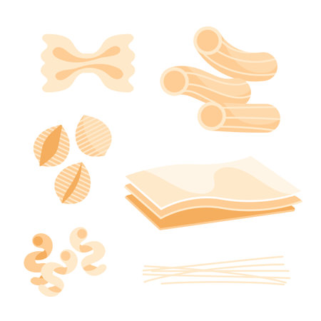 Pasta of different shapes. Italian food collection. Spaghetti, Farfalle and penne.のイラスト素材