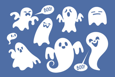 Spooky halloween ghost. Fly phantom spirit. Mysterious night shadows characters.のイラスト素材